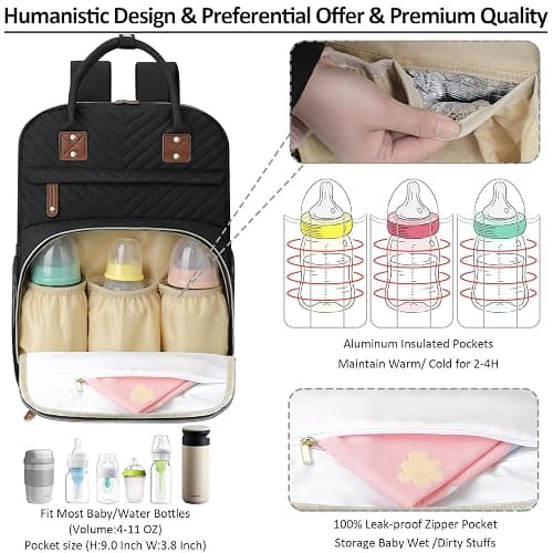 Tenot Diaper Bag Backpack for Women Large Capacity with Insulated Pockets Multifunctional Diaper Bags For Baby Girl Boy Waterproof Baby Bags For Mama Maternity Travel Bag Black thumbnail 3