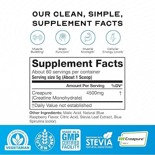 Muscle Feast Creapure Creatine Monohydrate Powder, Vegan Keto Friendly Gluten-Free, Muscle Recovery Supplement and Trusted Creatine for Muscle Growth, Flavored Creatine, Natural Blue Raspberry, 300g thumbnail 2