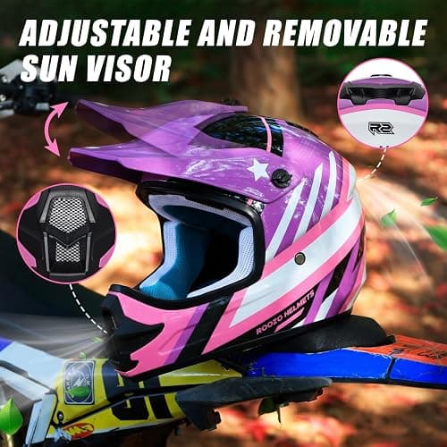ROOZO Youth Kids Dirt Bike Helmet DOT Approved, Full Face Motocross Set | 4-in-1 set includes goggles gloves storage bag, ultra-light design, adjustable visor and washable liner for ATV UTV thumbnail 4
