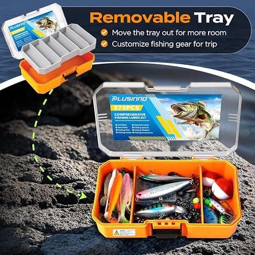 PLUSINNO Fishing Tackle Box with Tackle Included, 373PCS Fishing Lures Kit with Removable Tray, Fishing Gear with Pliers, Weights, Hooks, Accessories, Fishing Tackle Lure Kit Gifts for Men Bass Trout thumbnail 3