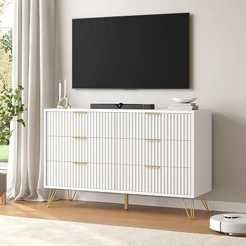 BAZELOR White Fluted 6 Drawer Dresser for Bedroom, Gold Handles, 47.2" W | Modern Wood Chest of Drawers with Scratch-Proof Metal Handles for Living Room, Hallway, Entryway thumbnail 5