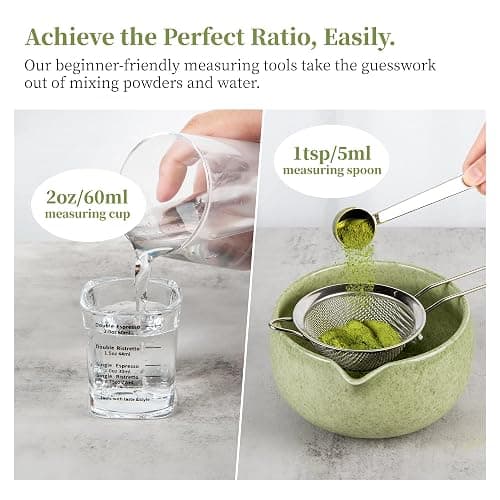 YIBO Matcha Whisk Set With Bowl, Ceramic Matcha Making Kit Includes Bamboo Whisk (Chasen), Holder Stand, Powder Starter Sifter, Scoop, Measuring Spoon & Cup Tea Tools For Ceremony (Mottled Green) thumbnail 3