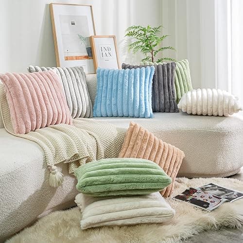DEELAND Pack of 2 Faux Fur Plush Decorative Throw Pillow Covers Fuzzy Striped Soft Pillowcase Cushion Covers for Sofa Couch Bedroom 16x16 inch thumbnail 4