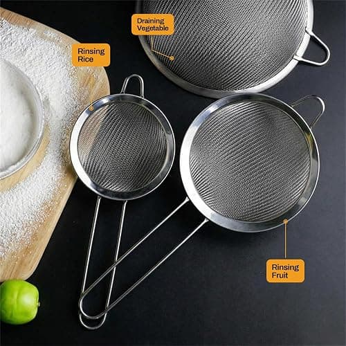 ELEEN Premium Stainless Steel Fine Mesh Strainers for Kitchen 3-Piece Set with Non-Slip Handle, Small, Medium & Large Sieves, Colanders and Sifter for Sifting, Straining, Pastas Tea, Rice Vegetables thumbnail 4