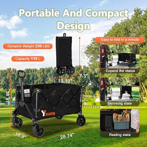 Collapsible Wagon Cart with Wheels Foldable, Folding Wagon Cart with All Terrain Wheel, Large Grocery Carts On Wheels, Heavy Duty Utility Wagons for Shopping Beach Sports Fishing Camping, 110L, Black thumbnail 2