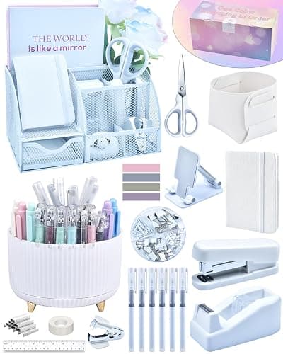 LXEVIHK 20Pcs White Desk Organizers and Accessories With Mesh Desk Organizer and 360°Rotating Pen Holder and a Lot of Office White Office Supplies Beautifully Presented in a Gift Box - Image 1