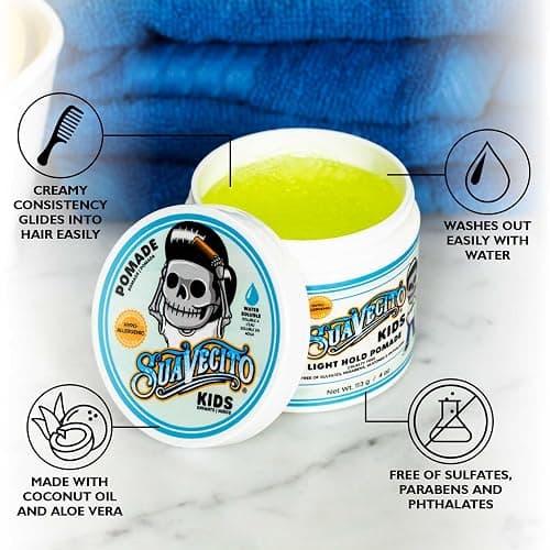 Suavecito Kid's Pomade Calming Chamomile Scent Light Hold 4 oz. - Water Based Flake Free Hair Gel - Dermatologist-Tested, Hypoallergenic Formula - Free of Sulfates, Parabens, and Phthalates thumbnail 3