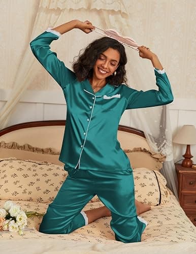 Ekouaer Satin Pajamas for Women Silk Long Sleeve Sleepwear Button Down Loungewear 2 Pieces Lace Soft Pjs Set thumbnail 4