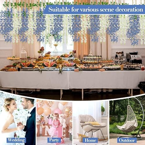 Giegxin 24 Pcs Artificial Wisteria Hanging Flowers 3.6 ft Artificial Fake Wisteria Vine Rattan Hanging Garland Silk Flowers String for Wall Home Wedding Party Greenery Decorations (Blue,White) thumbnail 5