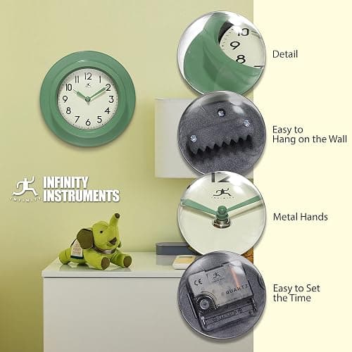 Infinity Instruments 9.75 Inch Retro Escape Midcentury Modern Indoor Round Non-Ticking Silent Battery Operated Easy to Read Wall Clock for Living Room, Bedroom, Kitchen, Home Office, Green thumbnail 7