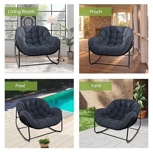 Quinora Papasan Rocking Chair, Oversized Papasan Chair with Cushion and Frame for Indoor& Outdoor, Deep Seat Egg-Shaped Rocker Chair for Garden, Deck, Living Room, Blue thumbnail 7