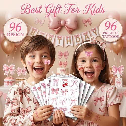 96 PCS Pink Bow Pre-Cut Temporary Tattoos for Girls - Coquette Aesthetic Party Favors, Goodie Bag Stuffers, Birthday Activities & School Prizes thumbnail 5