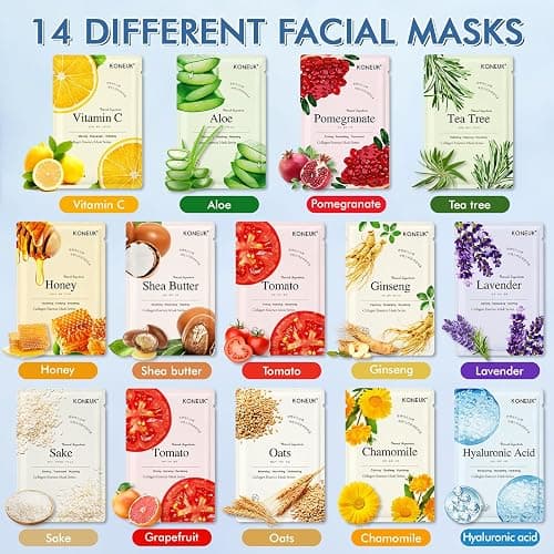 KONEUK 14 Pack Sheet Face Masks Skincare, Hydrating Face Masks Suitable for Dry Skin, Bulk Facial Mask Set for Women Skin Care, Face Mask Gifts Set for Face Spa thumbnail 3