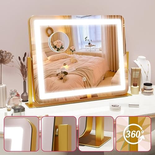HNV Gold Vanity Makeup Mirror with Lights, 22"x17" Large Lighted Vanity Mirror, Dimmable LED with 3 Color Touch Lighting, Tabletop Mirror for Desk or Bedroom, 360° Rotation thumbnail 6