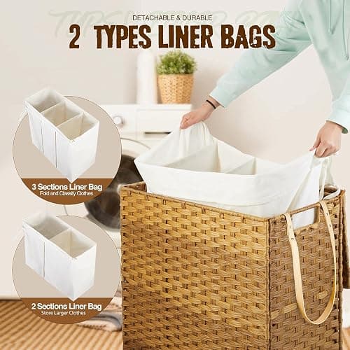 Greenstell Laundry Hamper with Wheels&Lid, 130L Large 3 Sections Clothes Hamper with 2 Types Removable Liner Bags, 5 Mesh Laundry Bags, Handwoven Divided Laundry Basket for Clothes, Natural - Natural - 130L: 25.6x13.0x25.7 Inches thumbnail 4