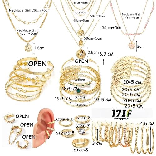 17IF 38-59 Pcs(9-8 Pack) Gold Plated Jewelry Set for Women With 8 Necklace 12 Bracelet 27 Ring 12 Pair Earring Hoop Simple Sparkle for Happy thumbnail 7