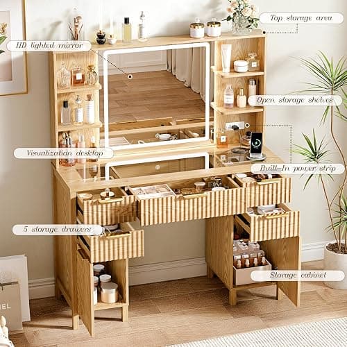 Vanity Desk with Large 27.2" Mirror and Lights 47.2" Fluted Makeup, 5 Drawer Vanity with Power Strip, 4 Open Shelves, 2 Cabinet, Modern Bedroom Vanity Featuring Visual Transparent Glass. Wood thumbnail 3