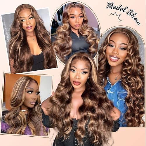 Hepnok 30 Inch Highlight Ombre Lace Front Wig Human Hair Honey Blonde Body Wave 13x6 HD Lace Front Wigs Human Hair Pre Plucked 200 Density Brown 4/27 Colored Lace Frontal Glueless Wigs for Women thumbnail 5