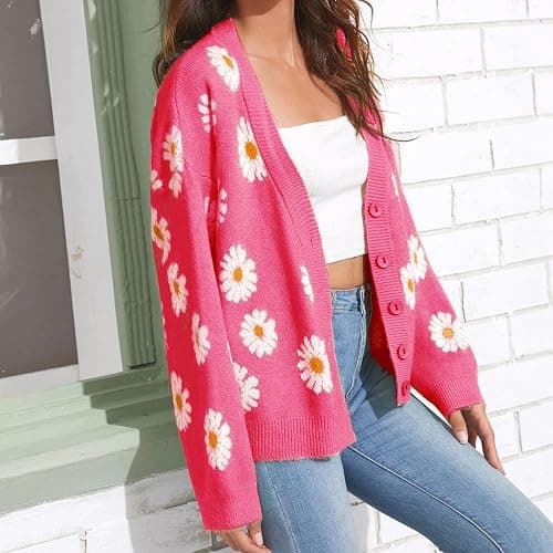 Hyipels Women's Long Sleeve Cardigan Sweater,Cute Y2K Top Knit Colorful Patterned V Neck Button Outwear S~XL thumbnail 3