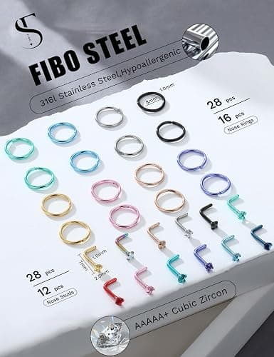 28PCS Hypoallergenic Nose Rings Hoops Studs - 316L Stainless Steel Nose Ring for Women Men - L Shaped CZ Nose Stud Hoop Nostril Piercings Jewelry Set 18G 20G 22G Silver Rose Gold Black Rainbow thumbnail 2