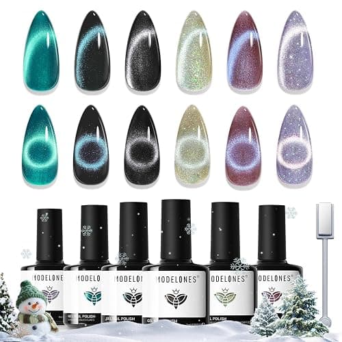 Modelones Cat Eye Gel Nail Polish Set, 6 Colors Christmas Winter Holographic 9D Glassy Cat Eye Glitter Gel Polish Set Black Blue Purple Green Nail Polish Kit with Magnet Soak Off LED Nail Art DIY Gift - Image 1