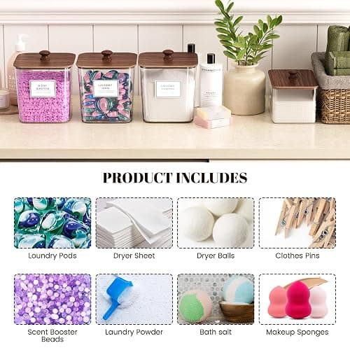 Laundry Pods Storage Container, Clear Laundry Room Organization and Storage,Detergent Powder Container,with Wooden Lids & Labels, 3+1 Pack（Dark Brown） thumbnail 7