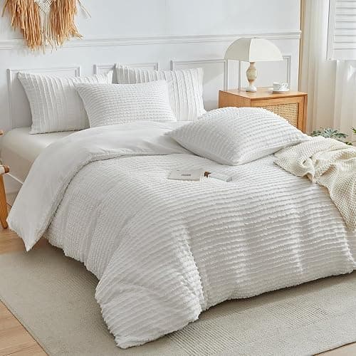 WARMDERN Boho Duvet Cover Set Queen Size,White Striped Duvet Cover Microfiber Bedding Set,3PCS Ultra Soft Breathable Lightweight Tuft Texture Pattern Duvet Covers with Zipper Closure(White,Queen) thumbnail 2