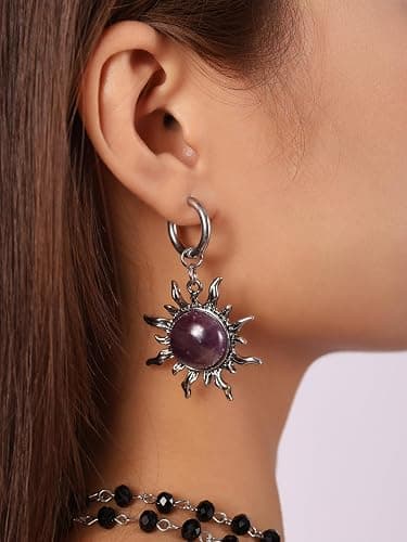 Sacina Black Brown Sun Crystal Hoop Earrings, Gothic Boho Earrings, Goth Jewelry, Christmas Jewelry Gift for Women thumbnail 2