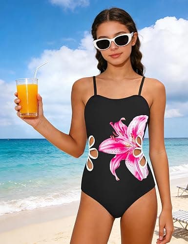 TALLWH Girls Swimsuit Adjustable Straps Cut Out One Piece Bathing Suit with Solid Color Cover Up Skirt Girls' Swimwear 5-16Y thumbnail 2