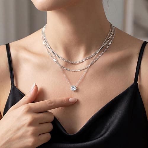 WomenGifts Layered Gold Necklaces for Women, 14K Gold Sterling Silver Plated Dainty Pendant Necklace Set Non Tarnish, Chunky Stackable Cuban Chain Choker, Trendy Birthstone Vacation Jewelry Gift thumbnail 4