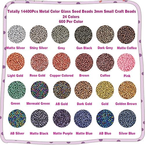 EuTengHao 8/0 Glass Seed Beads Kit, 3mm Metal Color Waist Beads, 24Colors Small Pony Beads with String for Bracelet Necklace Earring Jewelry Making (14405PCS, 600 Per Color) thumbnail 5