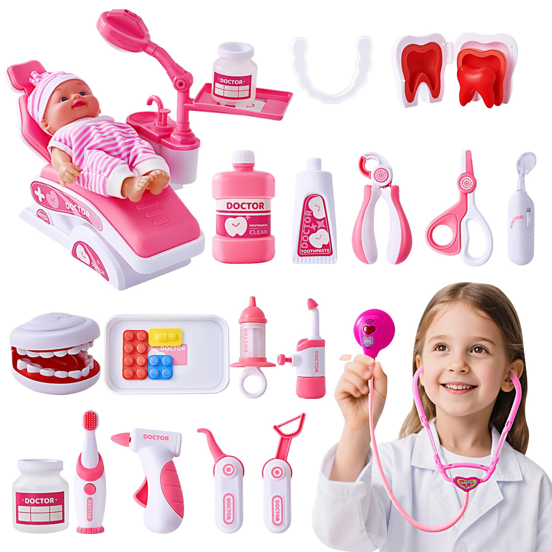 ERTYU Doctor Kit for Kids,Dress Up Toys for 3-5 Year Old Girls Pretend Kids Toddlers Dentist Play Set with Doll Toy,Doctor Costume Toy Stethoscope for 2 3 4 5 6 Year Old Girls Boys Birthday Gifts - Image 1