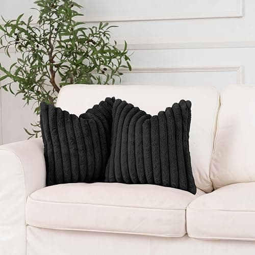 NiNi ALL Faux Fur Plush Throw Pillow Covers Black 18x18 Inch Set of 2 Decorative Soft Plush Striped Couch Pillow Cover for Sofa Cushion Cases for Couch Bed Home Decor thumbnail 2