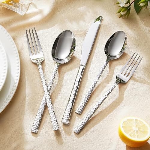 KINGSTONE 40 Piece Hammered Silverware Set, 18/10 Stainless Steel Flatware Set for 8, Cutlery Set for Home, Party, Wedding, Mirror Polished Dishwasher Safe thumbnail 5