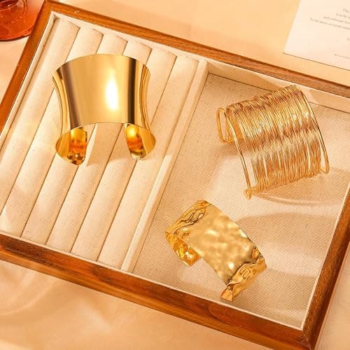 Abiotp 3PCS Gold Chunky Cuff Bracelets for Women Irregular Minimalist Statement Bangle Bracelets Set Open Wide Bangle Arm Cuff Upper Arm Punk Jewelry thumbnail 7
