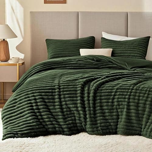 EXQ Home Fluffy Comforter Set Queen Size - Super Soft Faux Fur Stripe Jacquard Comforter 3 Pieces, Olive Green Fleece Bedding Set,Winter Warm Bed Set,1 Comforter with 2 Pillowcases - Image 1