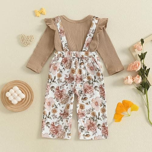 Lucikamy Newborn Baby Girl Fall Outfits Ribbed Long Sleeve Rompers Suspender Overalls Pants Sets Infant 2Pcs Clothes thumbnail 8