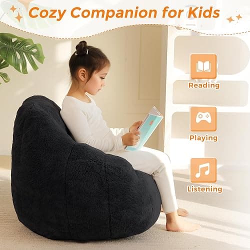 MAXYOYO Kids Bean Bag Chair, Comfy Bean Bag Sofa with Back Support, Faux Fur Cute Chair for Boys and Girls, Stuffed Floor Sofa for Nursery, Bedroom, Black thumbnail 7
