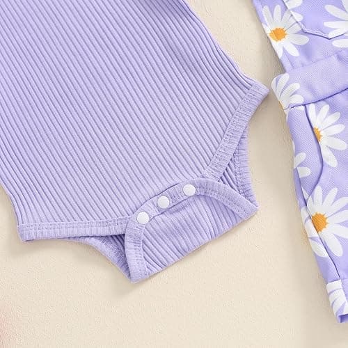 Rtnnsbbfcm Newborn Baby Girl Clothes Summer Outfit Short Sleeve Ribbed Romper Floral Suspender Overalls Shorts Set thumbnail 5