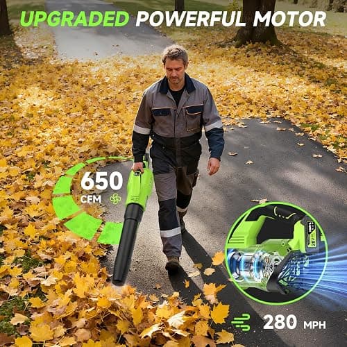 Leaf Blower Cordless, 650CFM Electric Leaf Blowers with 2 x 5.2Ah Batteries and Charger, 3 Speed Modes, 1 x Adjustable Shoulder Strap, Powerful Blowers for Lawn Care, Patio, Dust, Blowing Leaves thumbnail 2