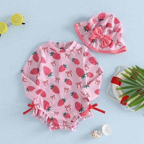fhutpw Baby Girl Swimsuit One Piece Fruit Printed Long Sleeve Rash Guard with Hat Infant Toddler Beach Bathing Suit thumbnail 5