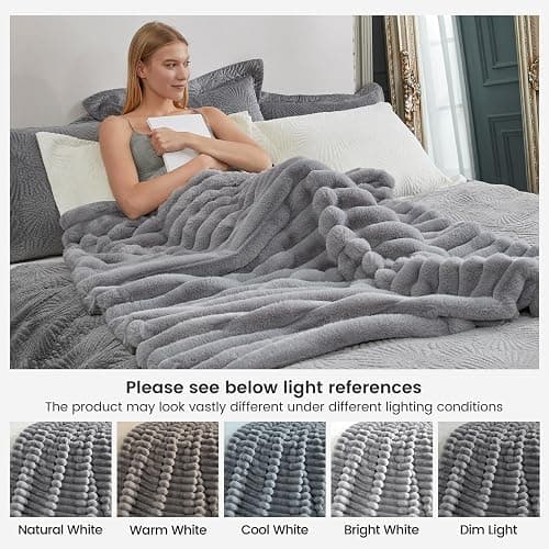 Cozy Bliss Faux Fur Throw Blanket for Couch, Cozy Warm Plush Striped Blanket for Sofa Bedroom Living Room, 50 * 60 Inches Gray thumbnail 7