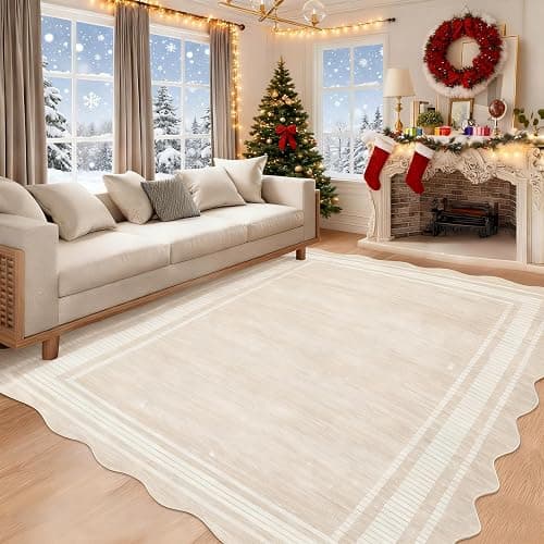 GarveeHome Scalloped Christmas Rugs 8x10 Washable Area Rugs for Living Room, Modern Bordered Solid Rug for Bedroom, Scalloped Non-Slip Stain Resistant Carpet for Dining Room Farmhouse Dorm, Cream - Image 1