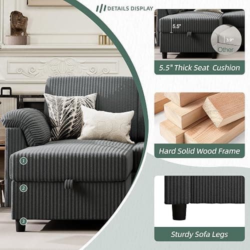 Vongrasig Convertible Sectional Sofa Couch, 3 Seat L Shaped Sofa with Removable Pillows Soft Corduroy Fabric Small Couch Mid Century for Living Room, Apartment and Office (Gray) thumbnail 3
