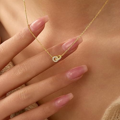 925 Sterling Silver Dainty Interlocking Double Circles Necklaces for Women | 14K Gold Plated Double Hoop Minimalist Pendant Necklaces Herringbone Necklace for Daughter Mother Friendship Jewelry Gift thumbnail 3