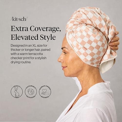 Kitsch XL Microfiber Hair Towel Wrap for Women - Terracotta Checkered thumbnail 2