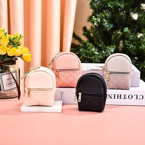Mini Backpack Cute Cosmetic Bag for Women, Creative Cute Pendant Keychain Key-chains Keyrings PU Leather Makeup Bag Key Pocket Lipstick Bag Card Holder Data Cable Organizer Zipper Pouch (Beige) - Beige thumbnail 4
