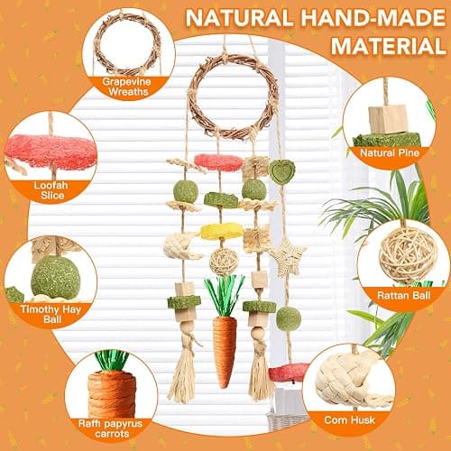 Jorewood Rabbit Chew Toys Bunny Cage Hanging Toy and Treats Rattan Ring with Snacks for Rodent Pets Teeth Healthy thumbnail 2