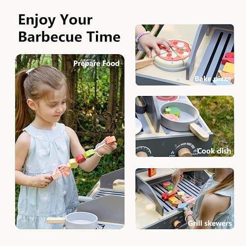 Leeshyah Wooden Kids Grill Playset – Realistic Play Barbecue Set with Grilling Tools and Foods – Pretend Grill Toy for Kids Ages 3+ thumbnail 3