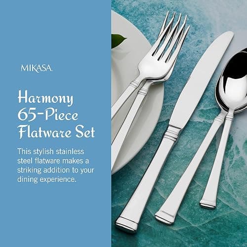 Mikasa Harmony Silverware Set for 12, 65-Piece 18/10 Stainless Steel Flatware Set with Flared Handles, Dishwasher Safe Cutlery Set, Elegant Dining Utensils thumbnail 5